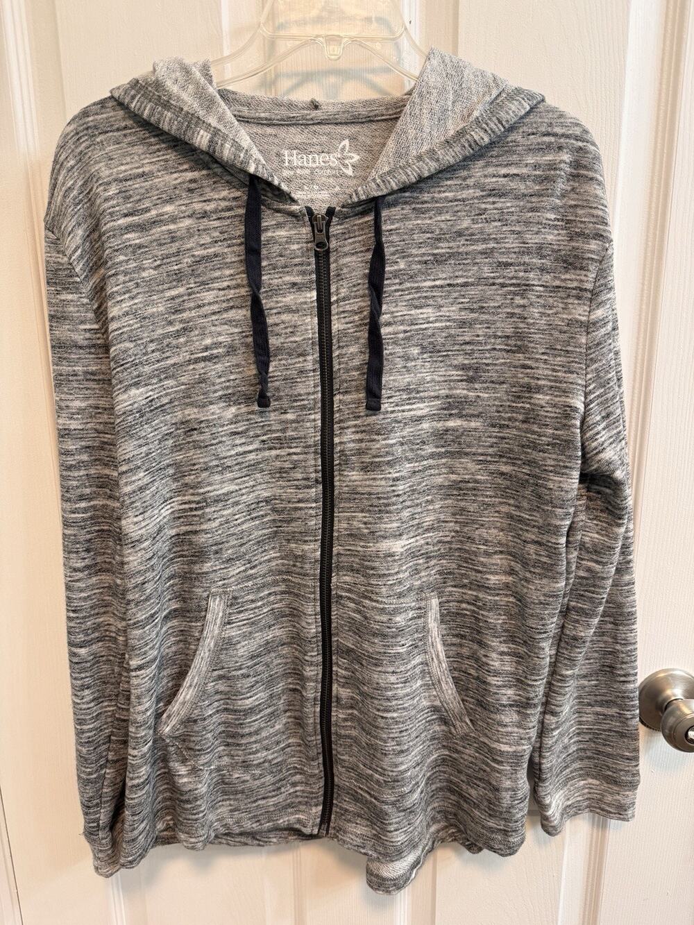 Hanes Women’s L Zip Hooded Jacket Black Space Dyed Long Sleeve Pockets Curve Hem